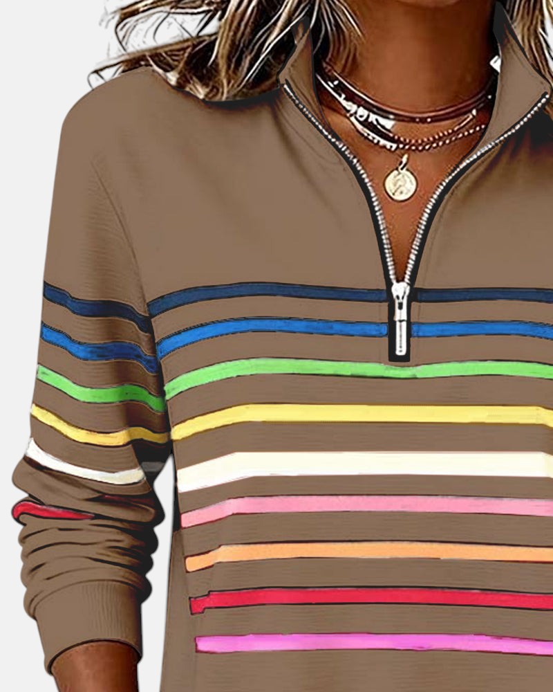 SERENELLE | VIBRANT STRIPED ZIP-NECK SWEATSHIRT