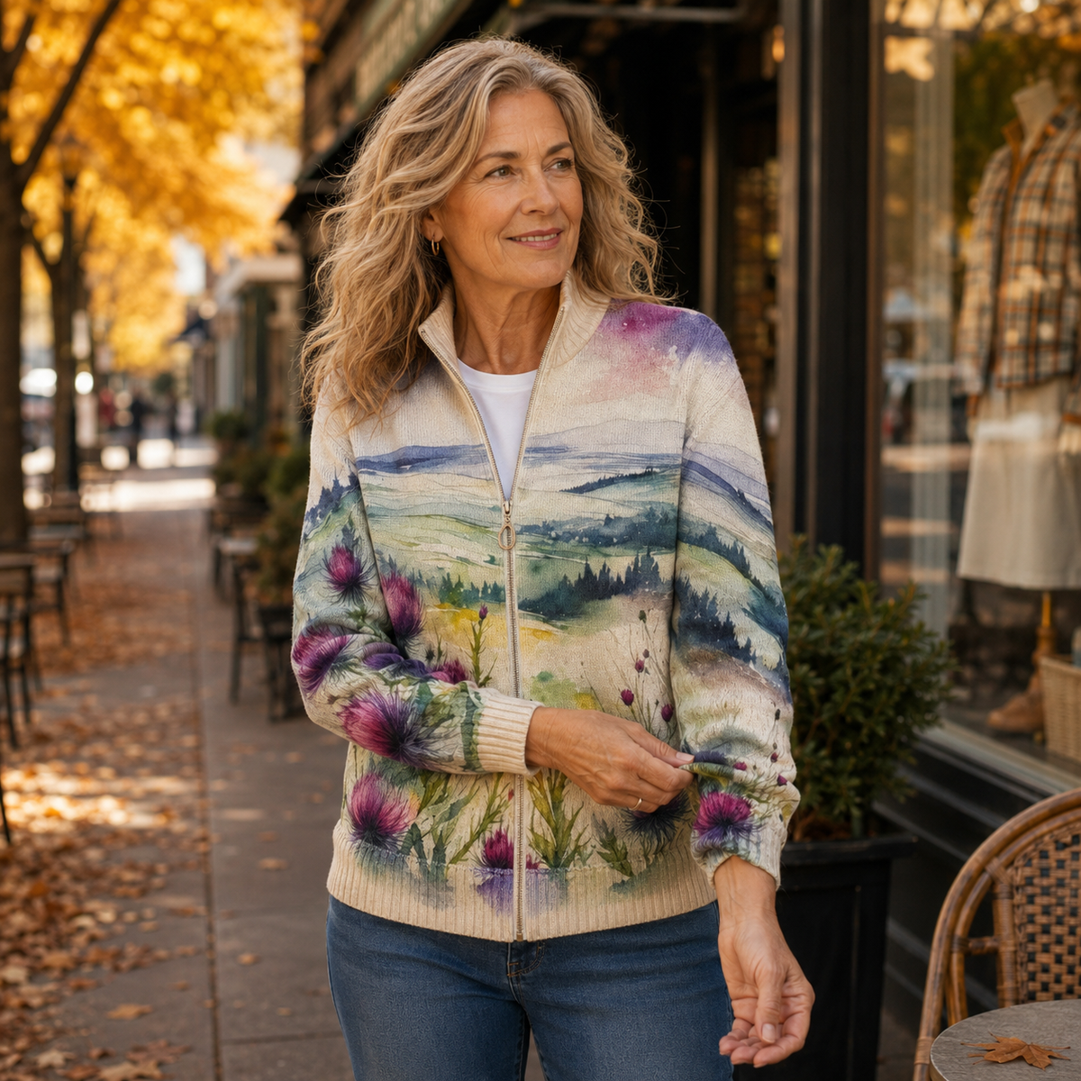 ZELDA | SCOTTISH THISTLE LANDSCAPE ZIP-UP CARDIGAN