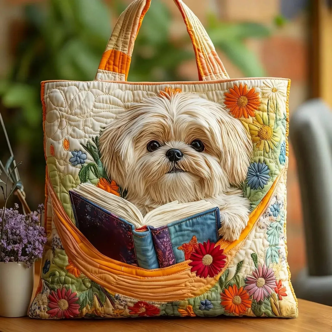 Handmade Shih Tzu Bag with Book and Flowers