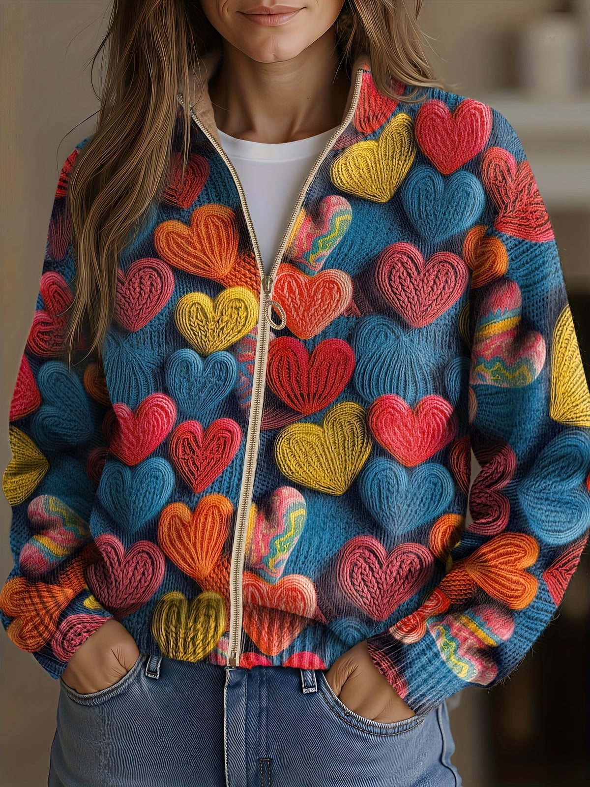 VALENTINE | MULTICOLOUR HEART KNIT ZIP-UP CARDIGAN