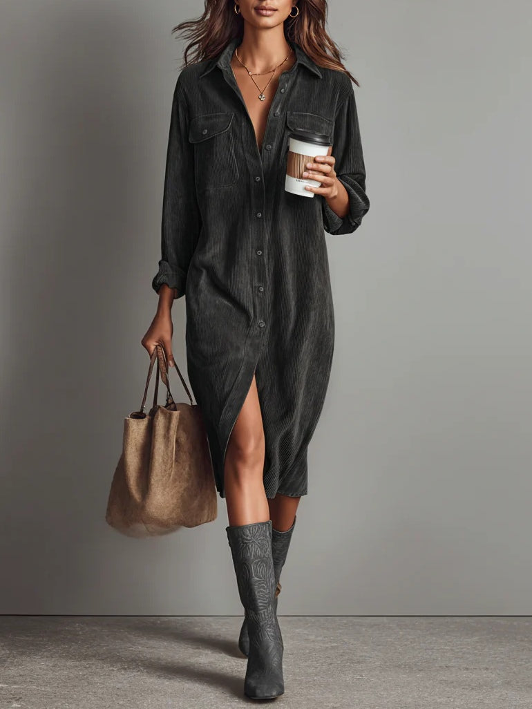 Jessy | Loose Corduroy Double Chest Pocket Breasted Midi Dress