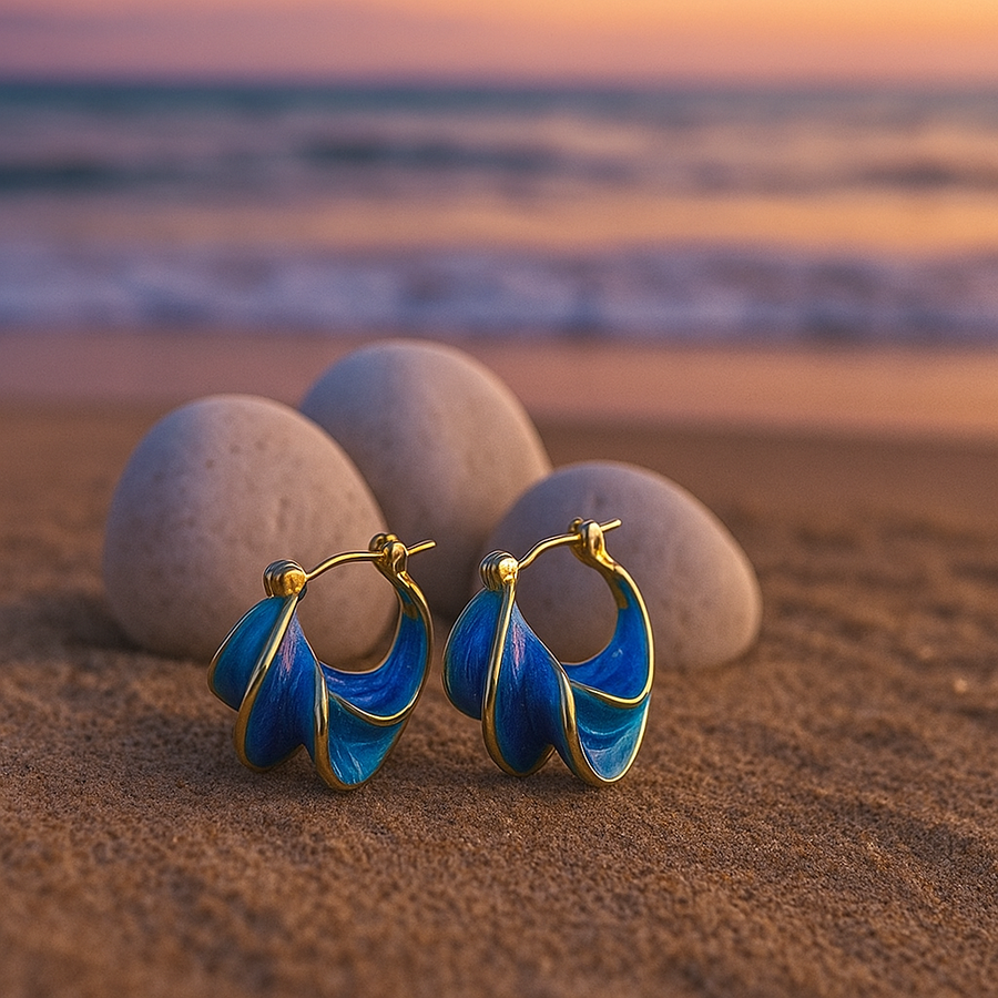 Luxe Gold Blue Wave Hoop Earrings