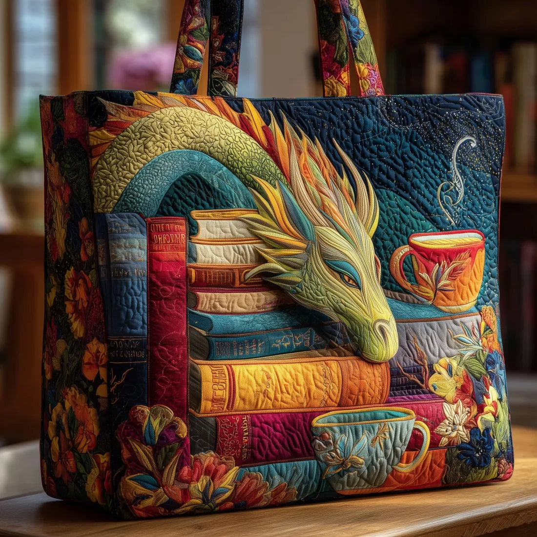 Handmade Dragon Shoulder Bag with Books and Cups