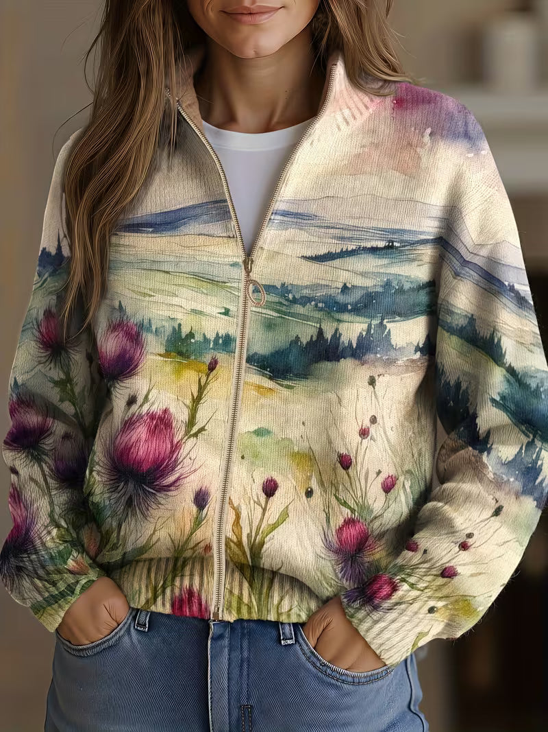 ZELDA | SCOTTISH THISTLE LANDSCAPE ZIP-UP CARDIGAN