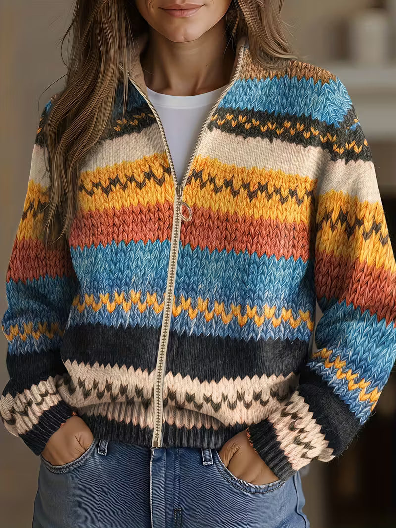 YSEULT | MULTICOLOUR ZIGZAG KNIT ZIP-UP CARDIGAN