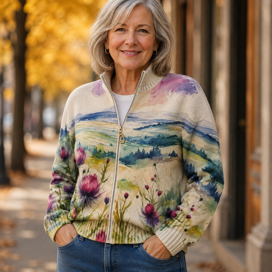 ZELDA | SCOTTISH THISTLE LANDSCAPE ZIP-UP CARDIGAN