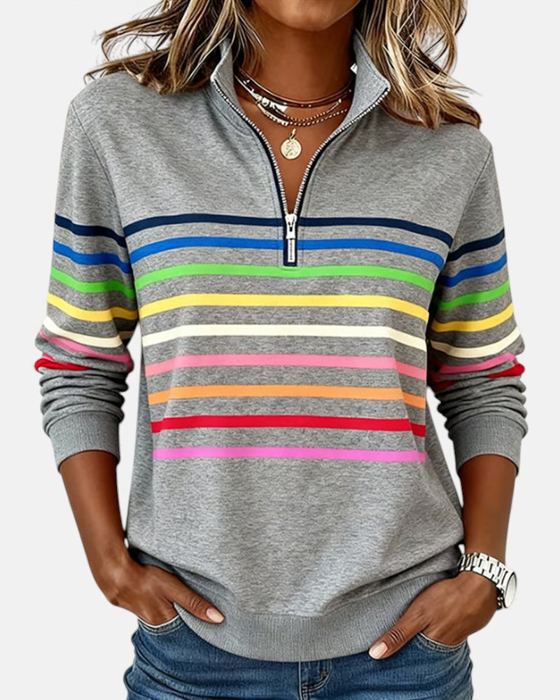 SERENELLE | VIBRANT STRIPED ZIP-NECK SWEATSHIRT