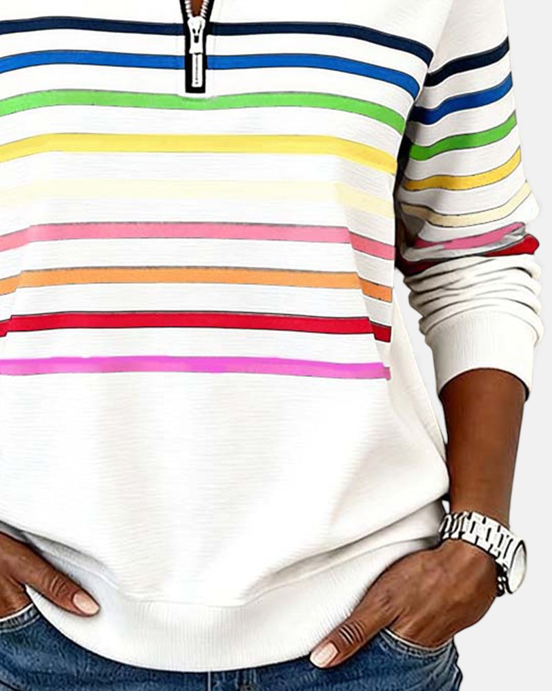 SERENELLE | VIBRANT STRIPED ZIP-NECK SWEATSHIRT