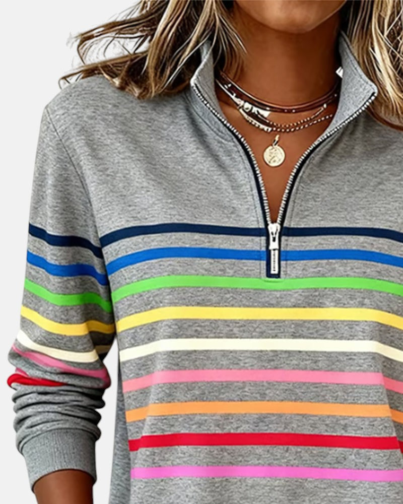 SERENELLE | VIBRANT STRIPED ZIP-NECK SWEATSHIRT