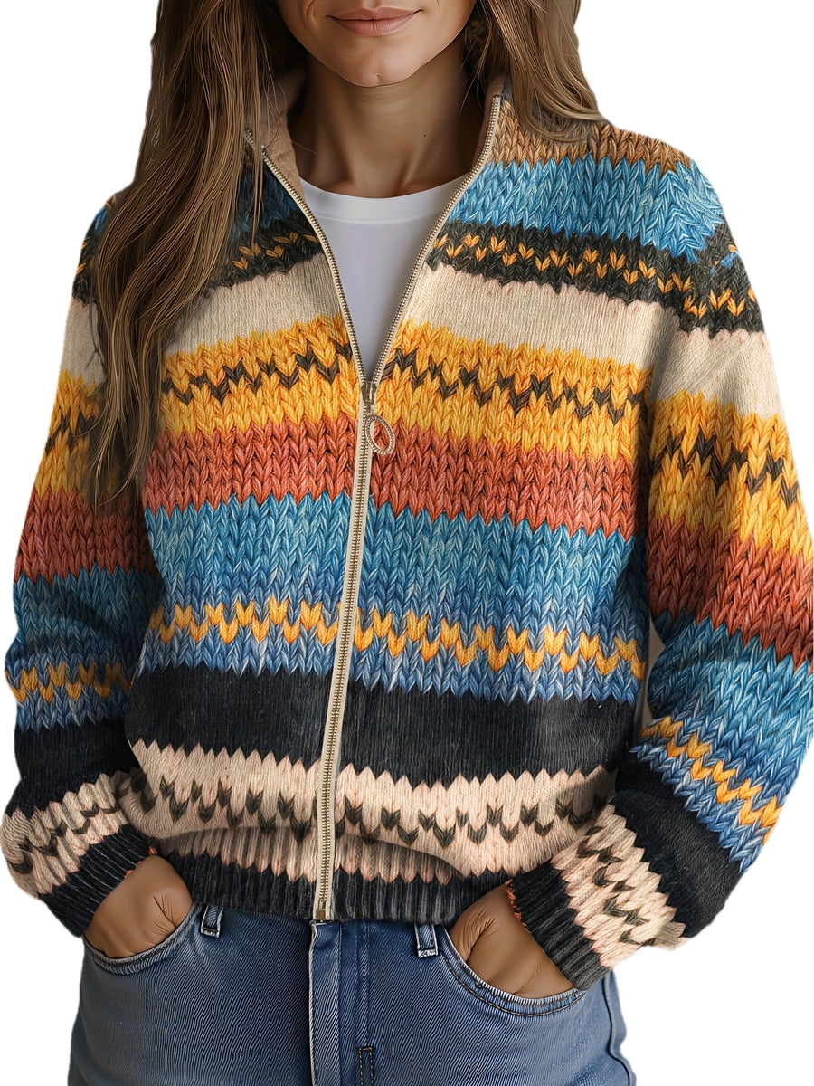 YSEULT | MULTICOLOUR ZIGZAG KNIT ZIP-UP CARDIGAN