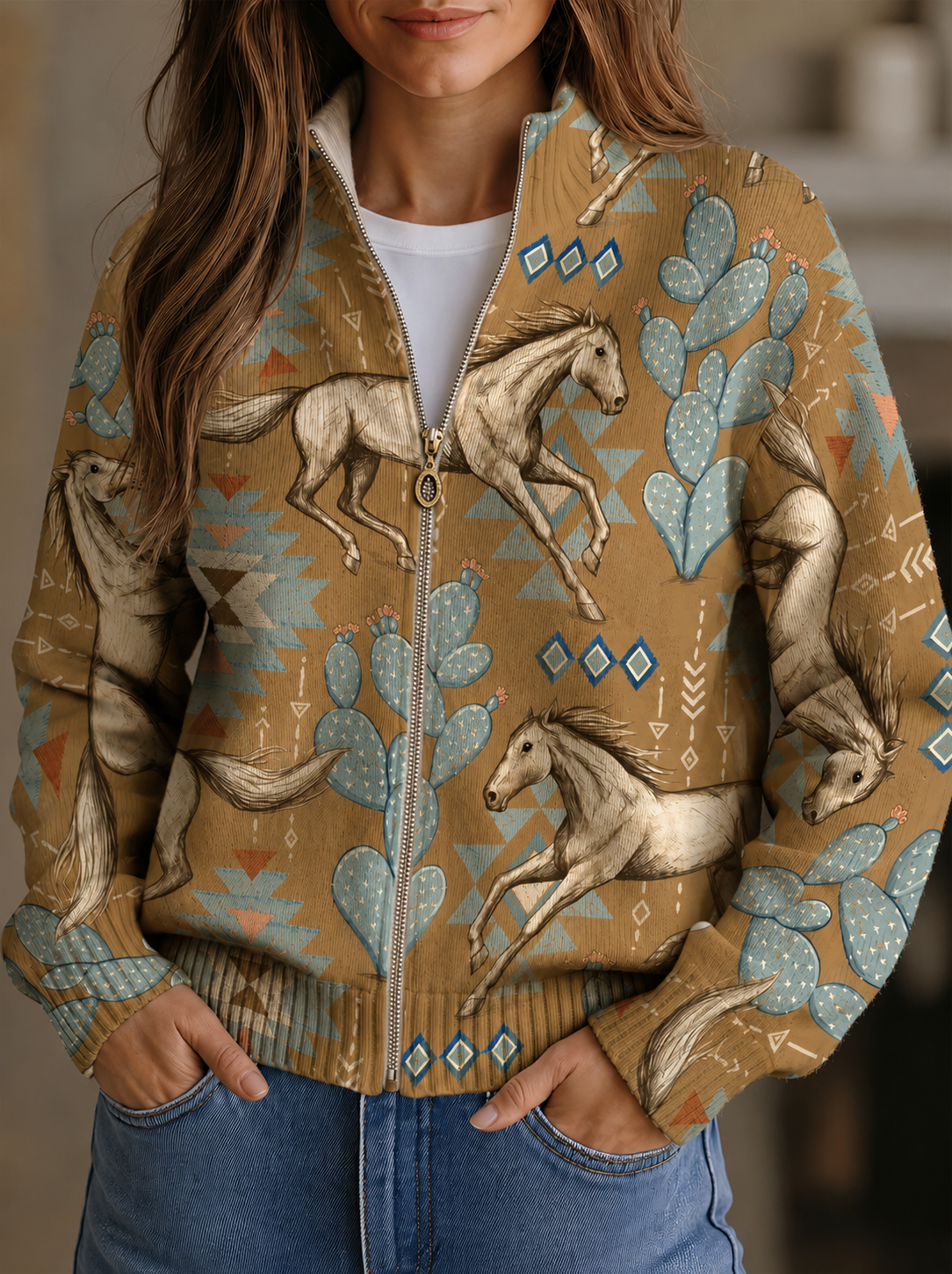 PERPETUA | DESERT HORSE & CACTUS ZIP-UP CARDIGAN