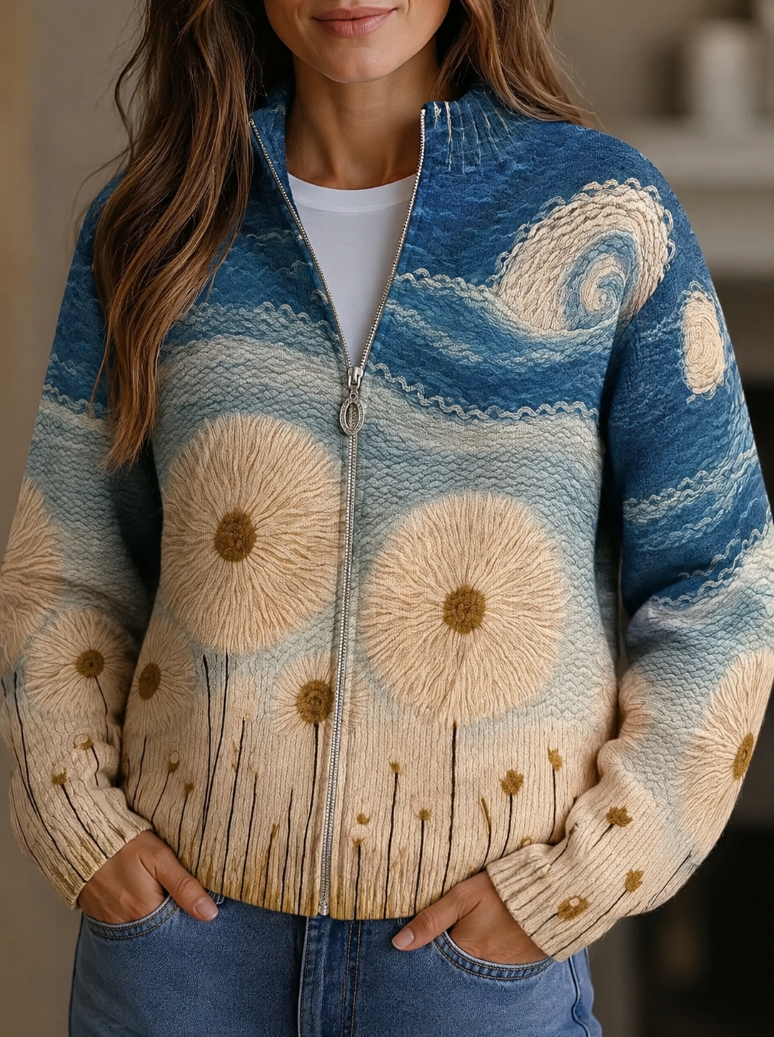 YOLANDA | FLORAL QUILTED ZIP-UP CARDIGAN