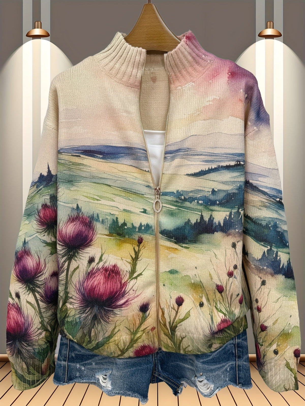 ZELDA | SCOTTISH THISTLE LANDSCAPE ZIP-UP CARDIGAN