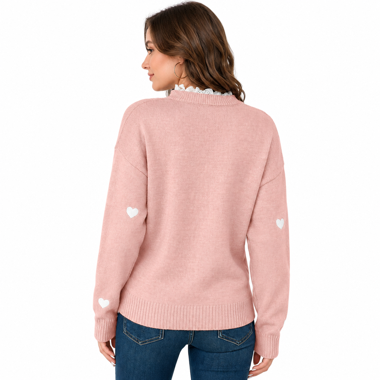 Women's Heart Print V-Neck Sweater with Scalloped Lace Trim