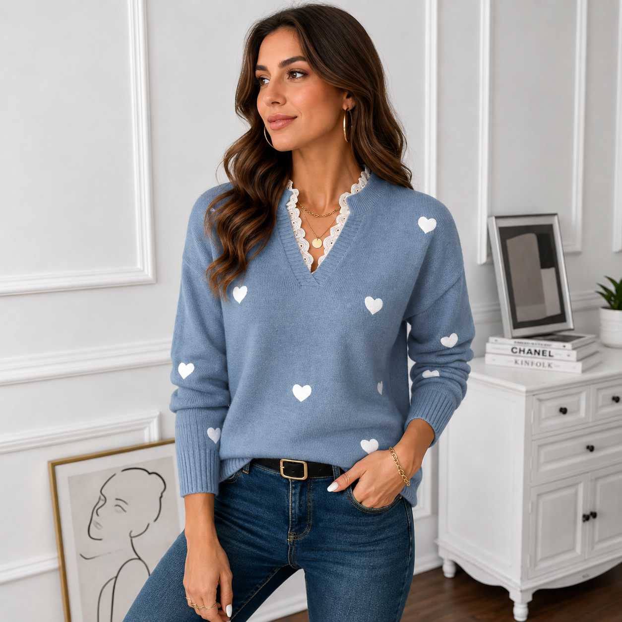 Women's Heart Print V-Neck Sweater with Scalloped Lace Trim