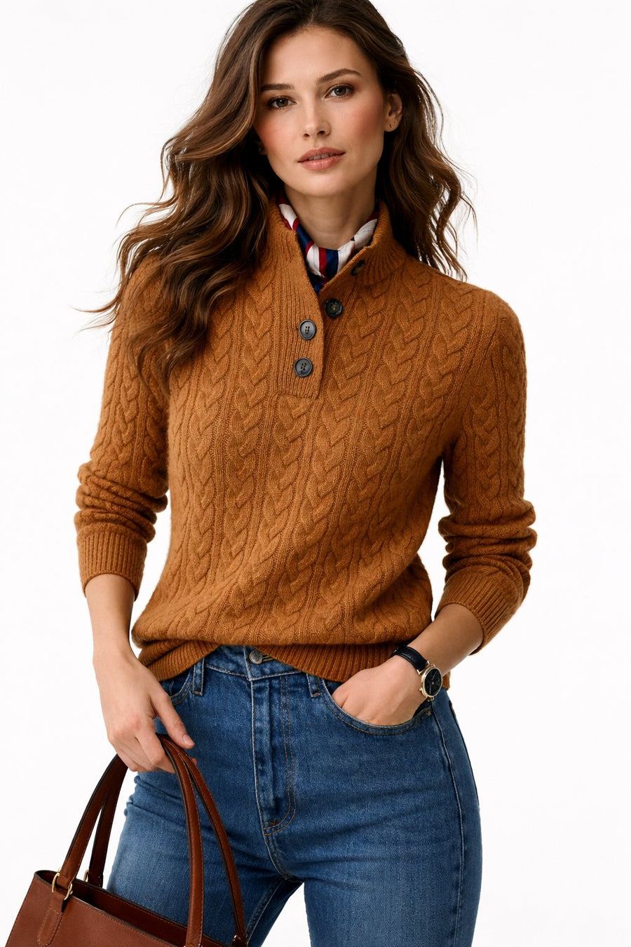 Alora Studio Johanna Women's Cable Knit Button-Neck Sweater