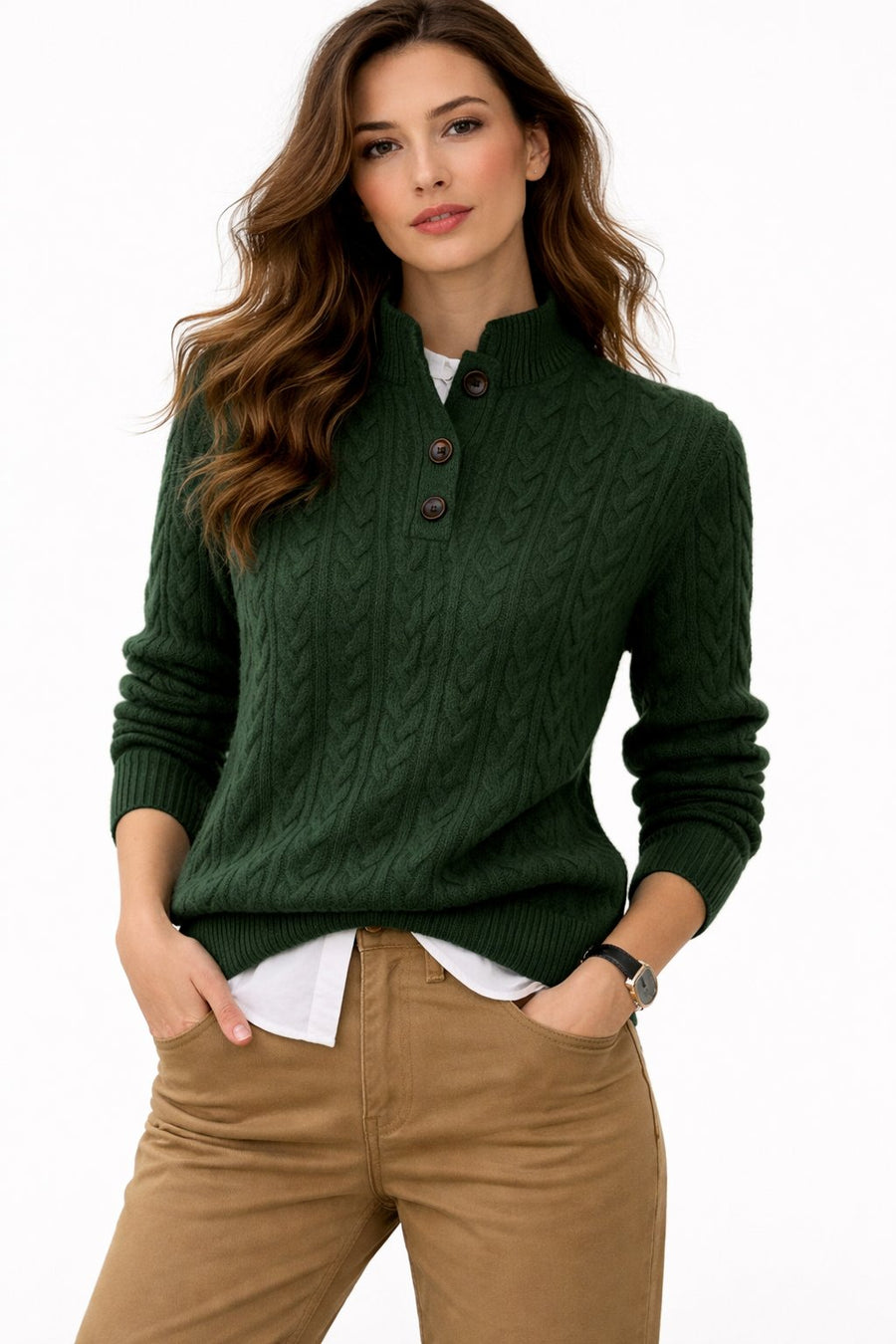 Alora Studio Johanna Women's Cable Knit Button-Neck Sweater