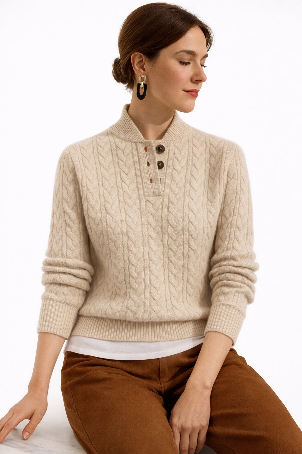 Alora Studio Johanna Women's Cable Knit Button-Neck Sweater