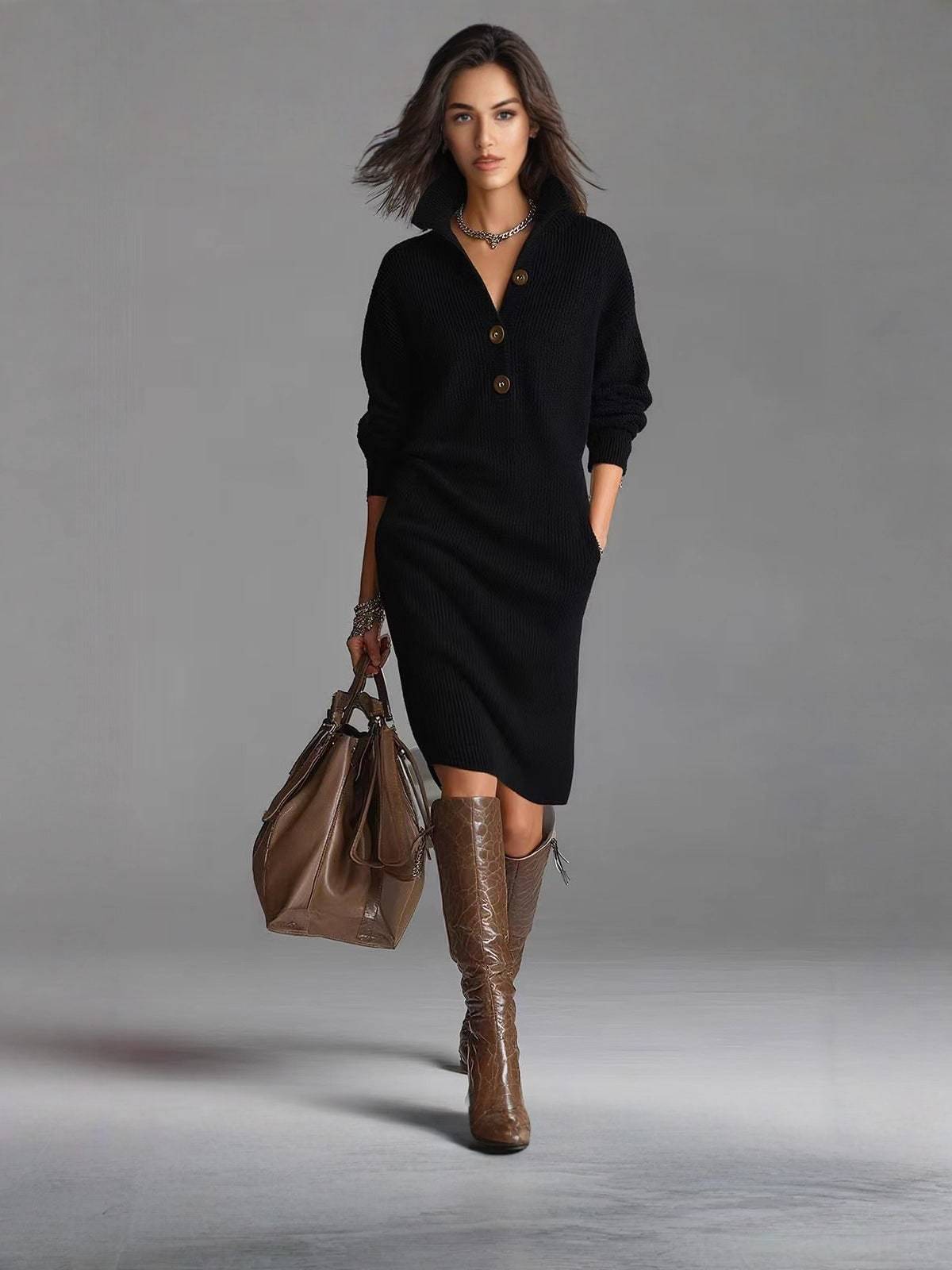 ROSAMUNDINA | ELEGANT BUTTON-FRONT SWEATER DRESS