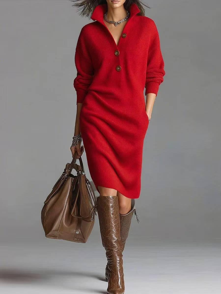 ROSAMUNDINA | ELEGANT BUTTON-FRONT SWEATER DRESS