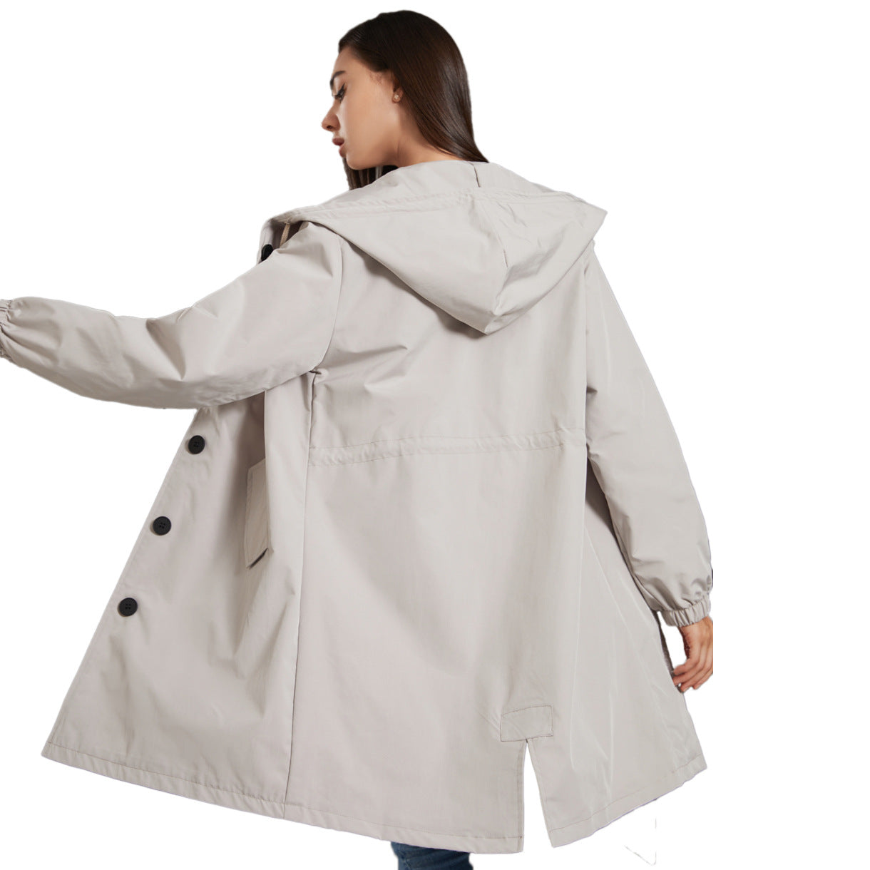 Effortless Hooded Trench Coat for Women with Long Sleeve Button Front Side Slit Relaxed Style