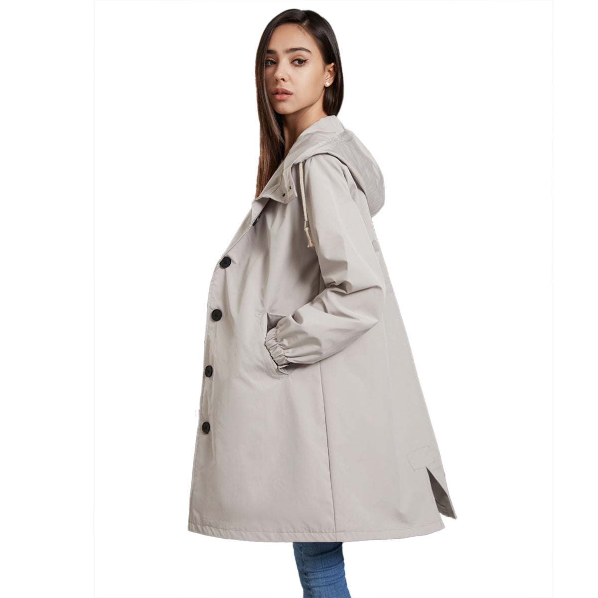 Effortless Hooded Trench Coat for Women with Long Sleeve Button Front Side Slit Relaxed Style