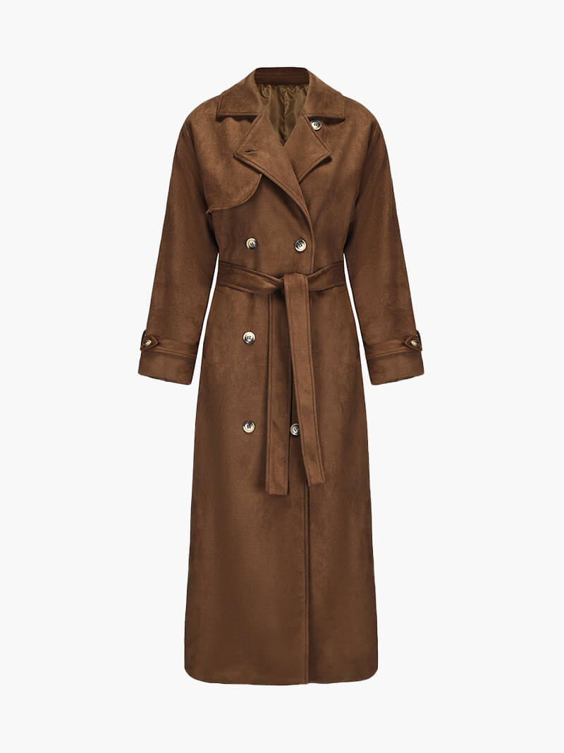 Nadine | Chic Long Suede Trench Coat with Waist Belt