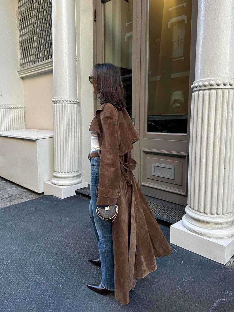 Nadine | Chic Long Suede Trench Coat with Waist Belt