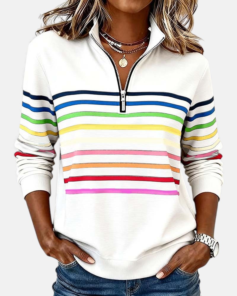 SERENELLE | VIBRANT STRIPED ZIP-NECK SWEATSHIRT