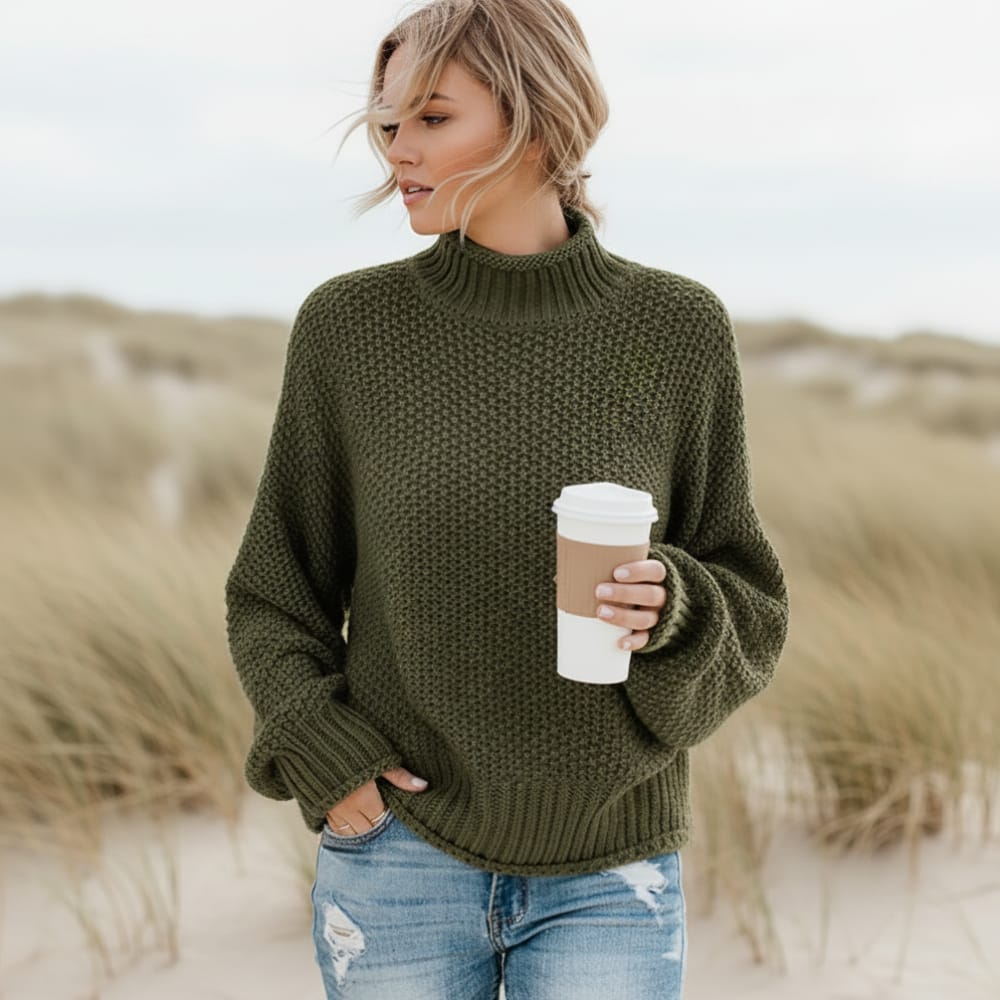 Boho Beach Hut Loose Knit Turtleneck Pullover Sweater