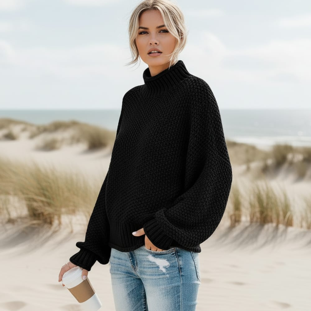 Boho Beach Hut Loose Knit Turtleneck Pullover Sweater