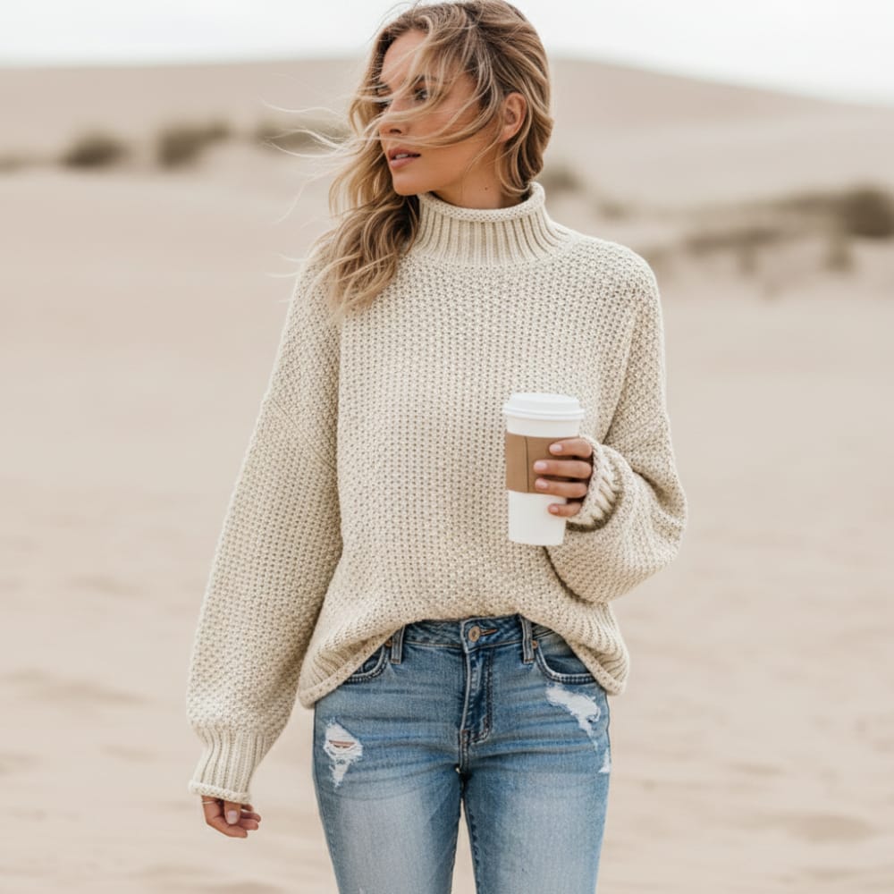 Boho Beach Hut Loose Knit Turtleneck Pullover Sweater