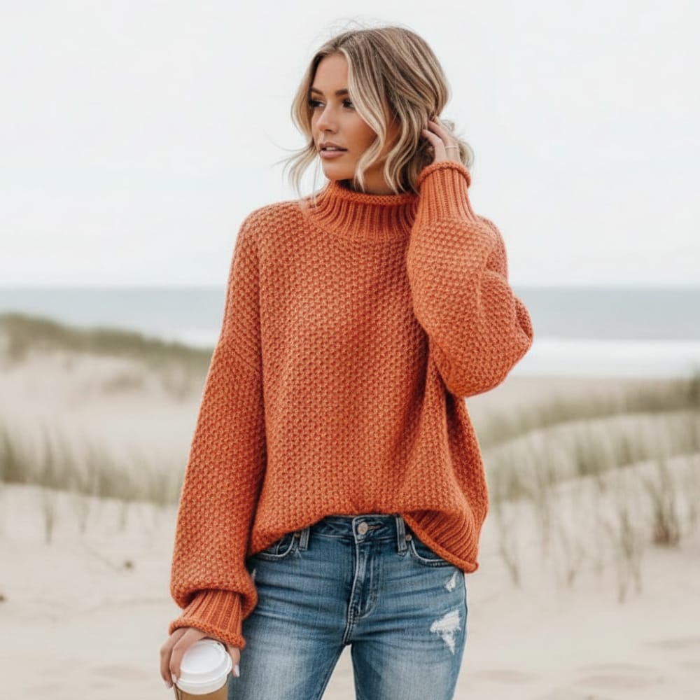 Boho Beach Hut Loose Knit Turtleneck Pullover Sweater