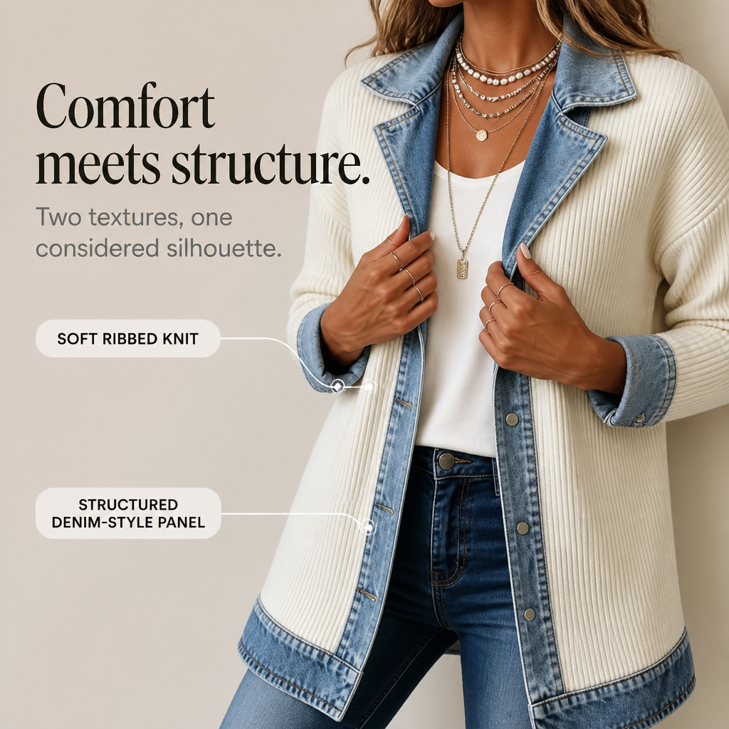 RIBOVA | RIBBED KNIT COAT WITH DENIM DETAILING