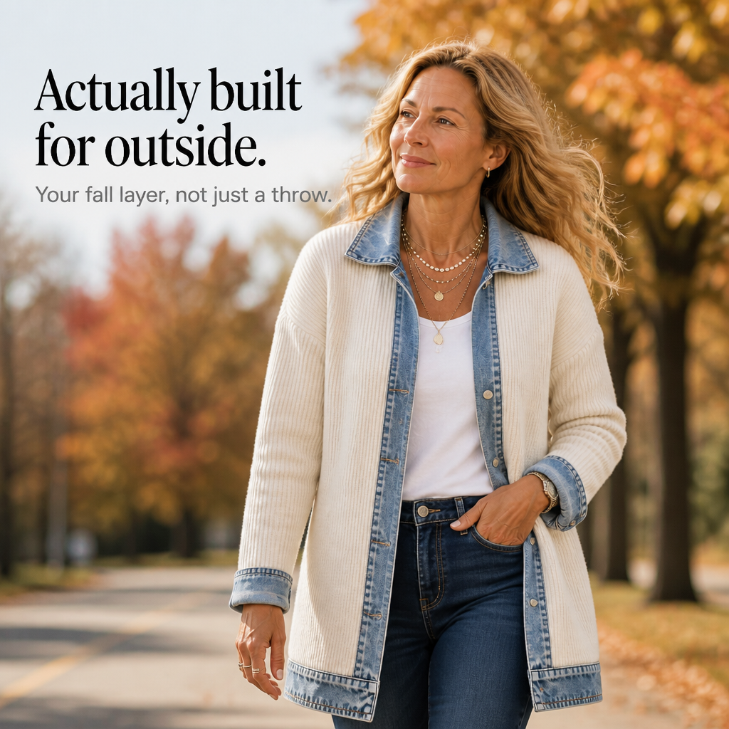 RIBOVA | RIBBED KNIT COAT WITH DENIM DETAILING