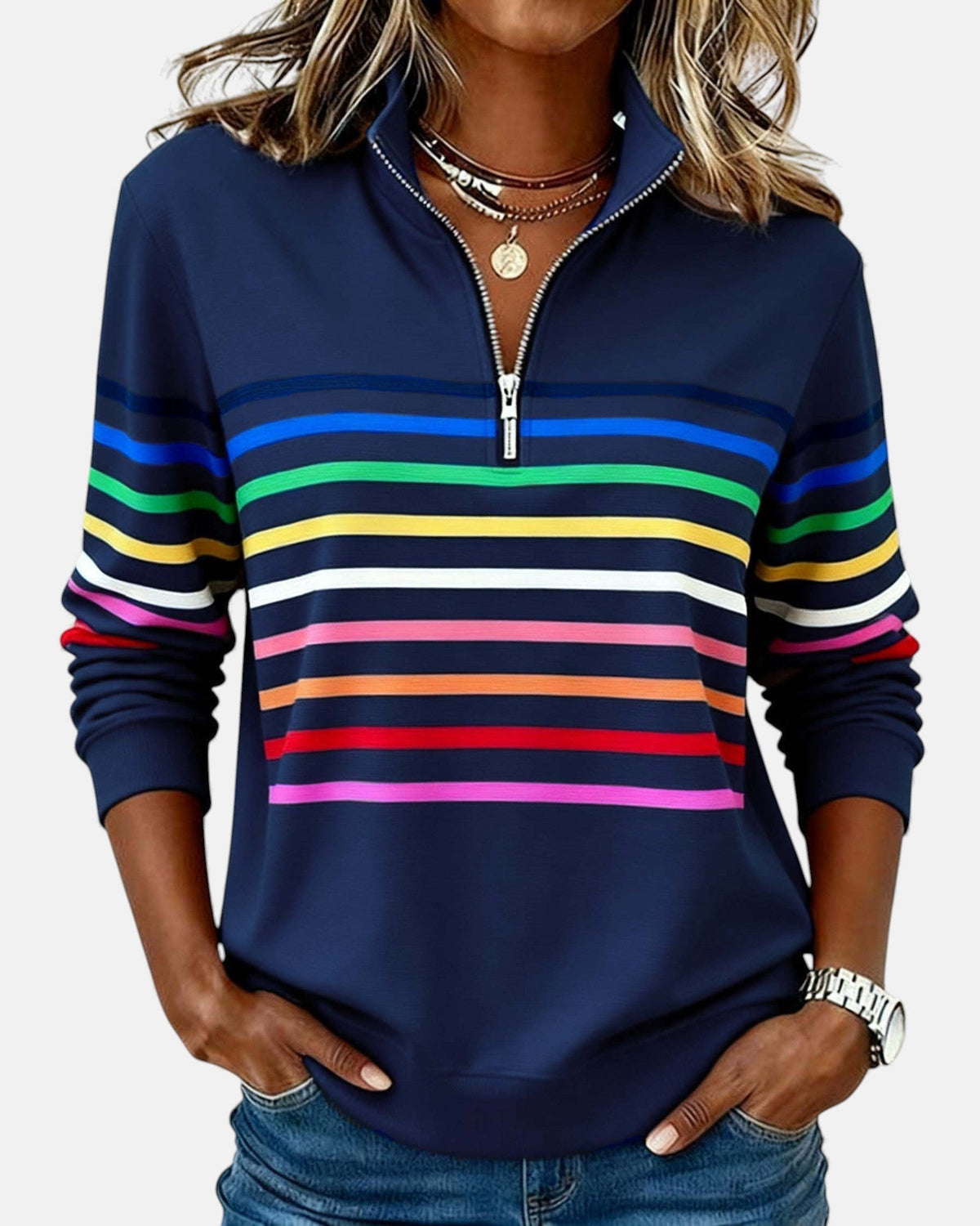 SERENELLE | VIBRANT STRIPED ZIP-NECK SWEATSHIRT