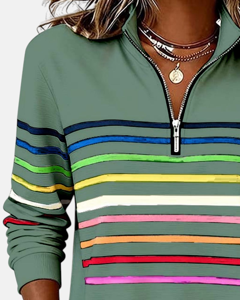 SERENELLE | VIBRANT STRIPED ZIP-NECK SWEATSHIRT