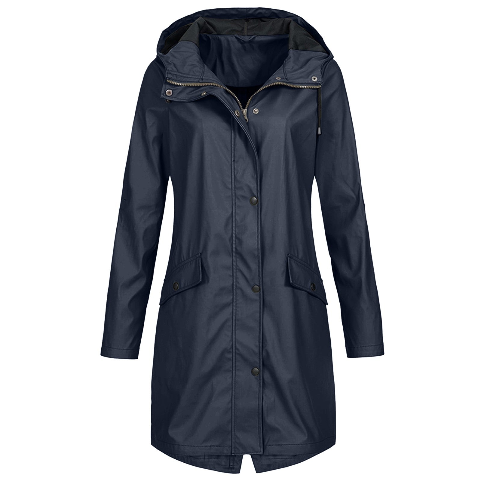 Effortless Hooded Rain Coat for Women with Stand Collar Long Sleeve Zip Front Mid Length Style