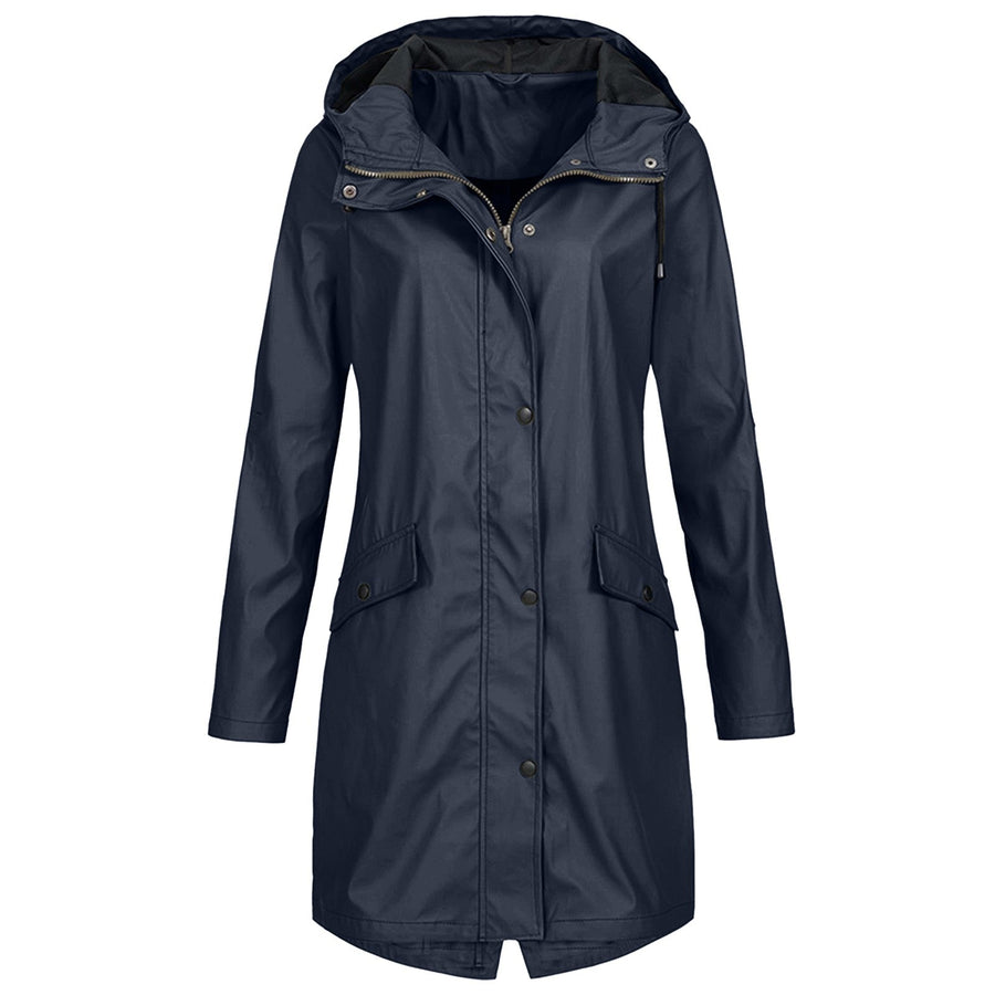 Effortless Hooded Rain Coat for Women with Stand Collar Long Sleeve Zip Front Mid Length Style