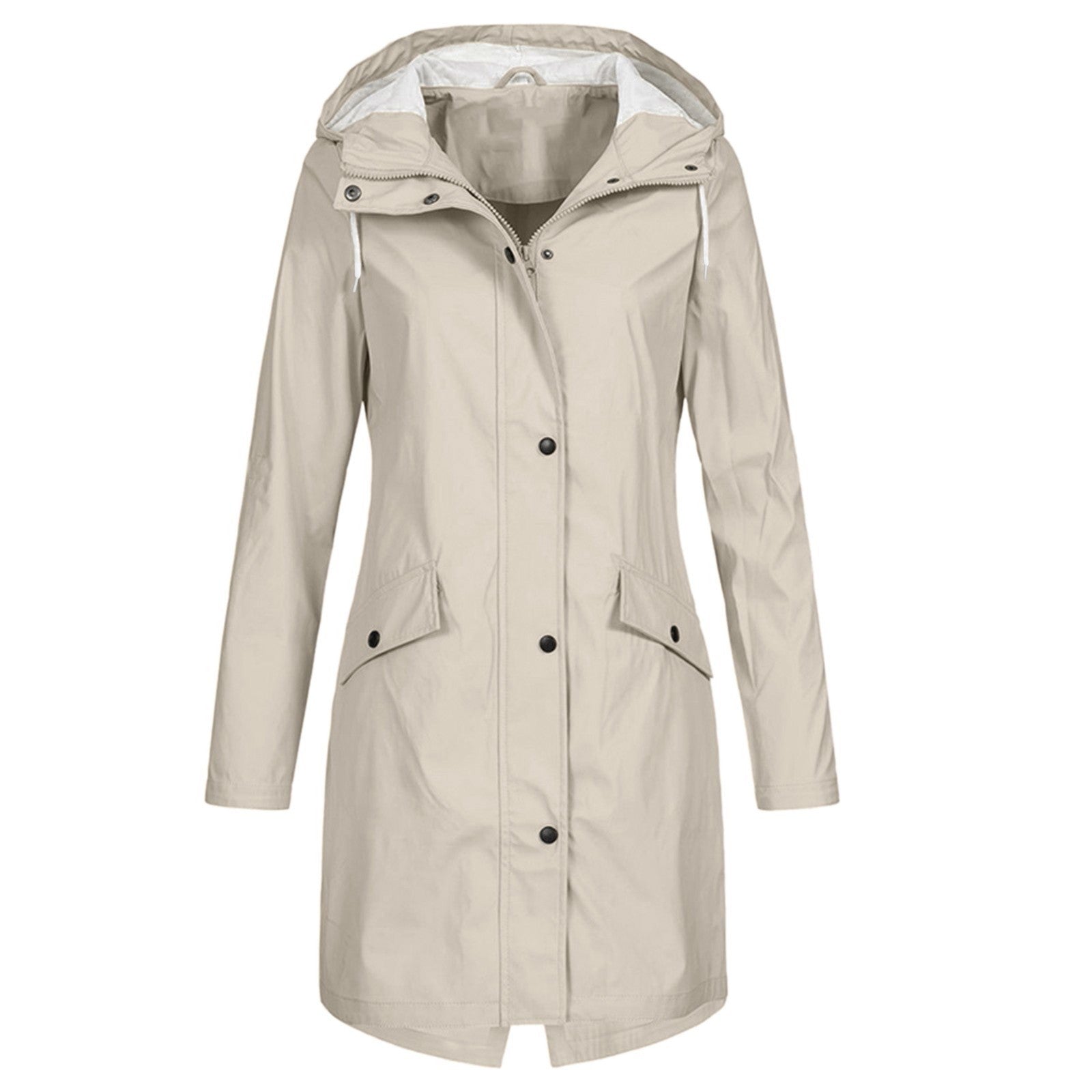 Effortless Hooded Rain Coat for Women with Stand Collar Long Sleeve Zip Front Mid Length Style