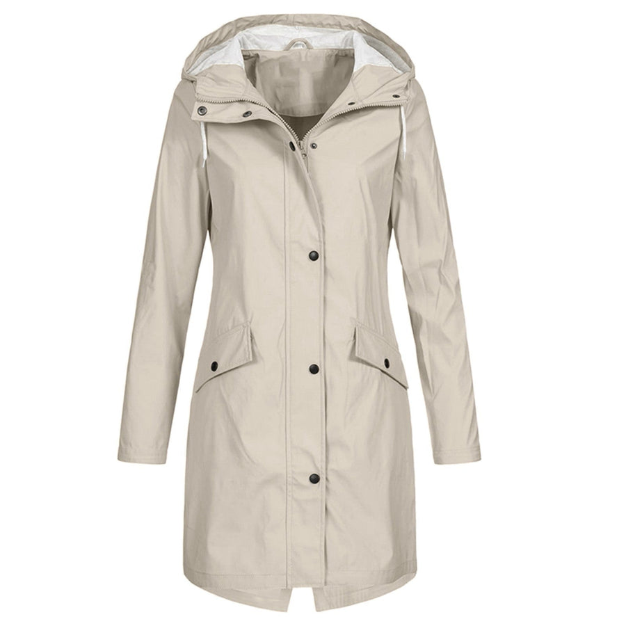 Effortless Hooded Rain Coat for Women with Stand Collar Long Sleeve Zip Front Mid Length Style