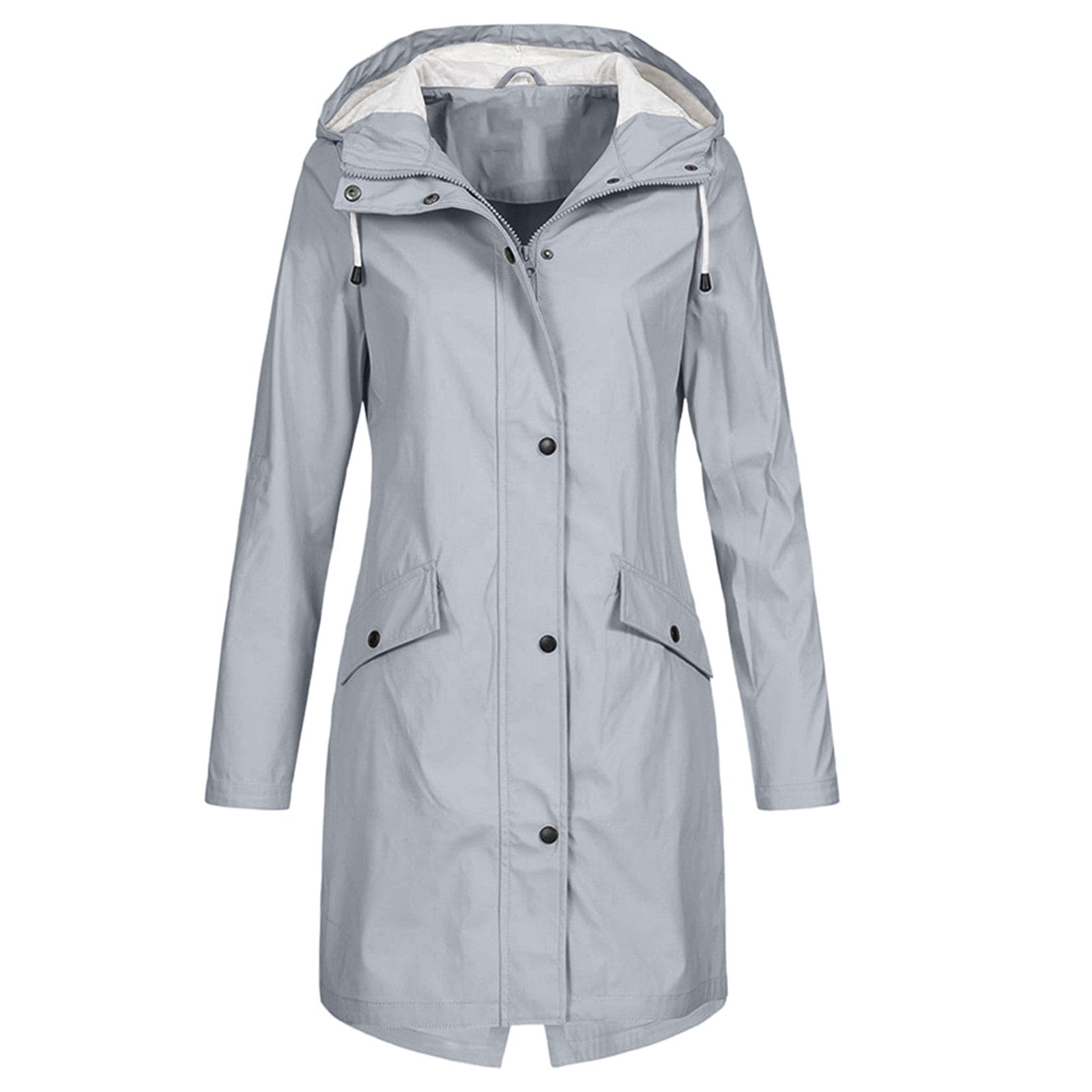 Effortless Hooded Rain Coat for Women with Stand Collar Long Sleeve Zip Front Mid Length Style