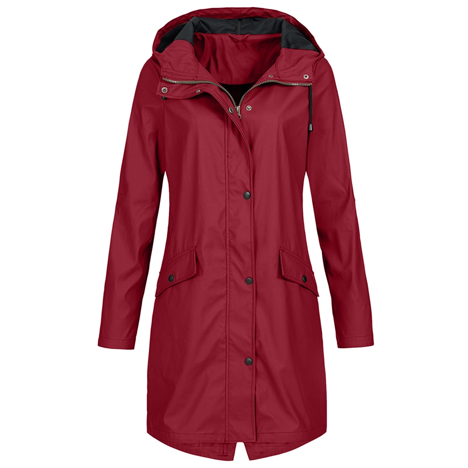 Effortless Hooded Rain Coat for Women with Stand Collar Long Sleeve Zip Front Mid Length Style