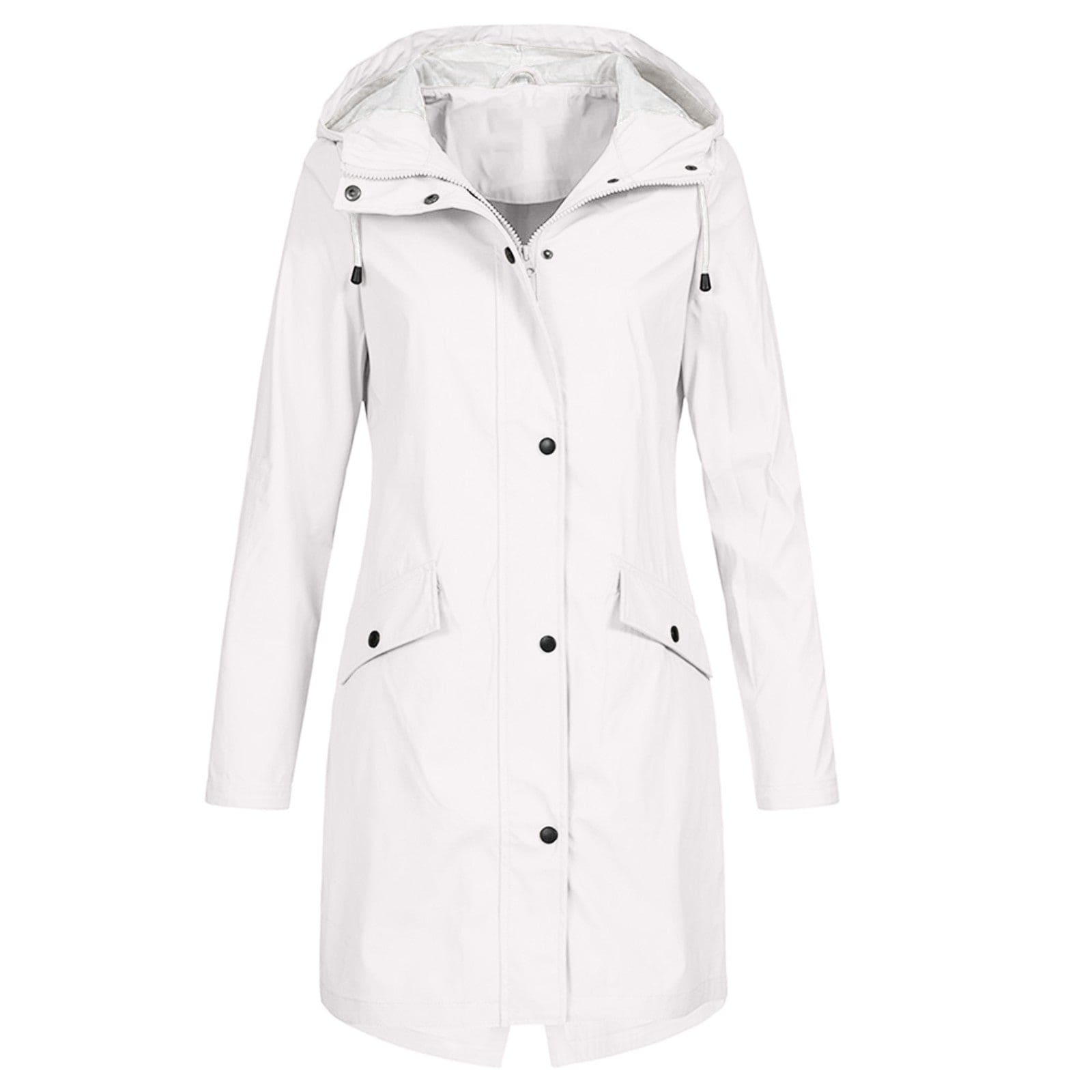 Effortless Hooded Rain Coat for Women with Stand Collar Long Sleeve Zip Front Mid Length Style