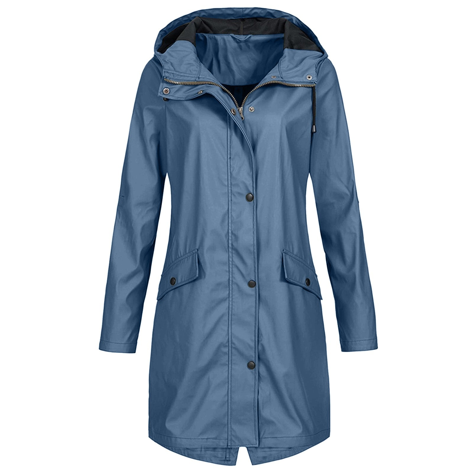 Effortless Hooded Rain Coat for Women with Stand Collar Long Sleeve Zip Front Mid Length Style