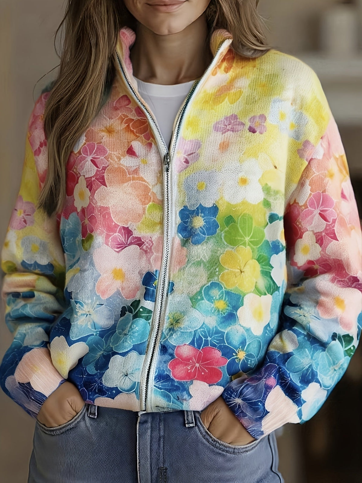 AUGUSTA | WATERCOLOUR FLORAL OMBRÉ ZIP-UP CARDIGAN