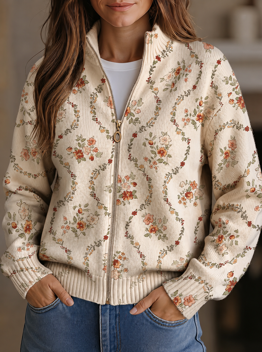 PERSEPHONE | DELICATE FLORAL VINE ZIP-UP CARDIGAN