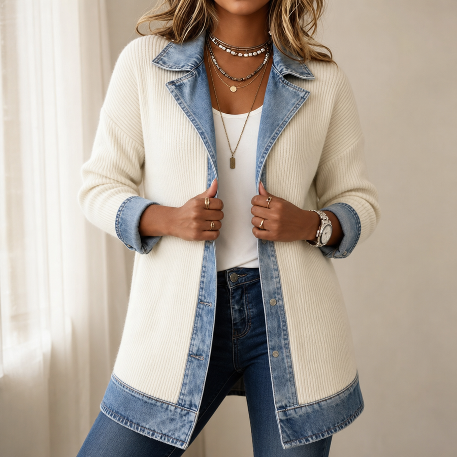 RIBOVA | RIBBED KNIT COAT WITH DENIM DETAILING