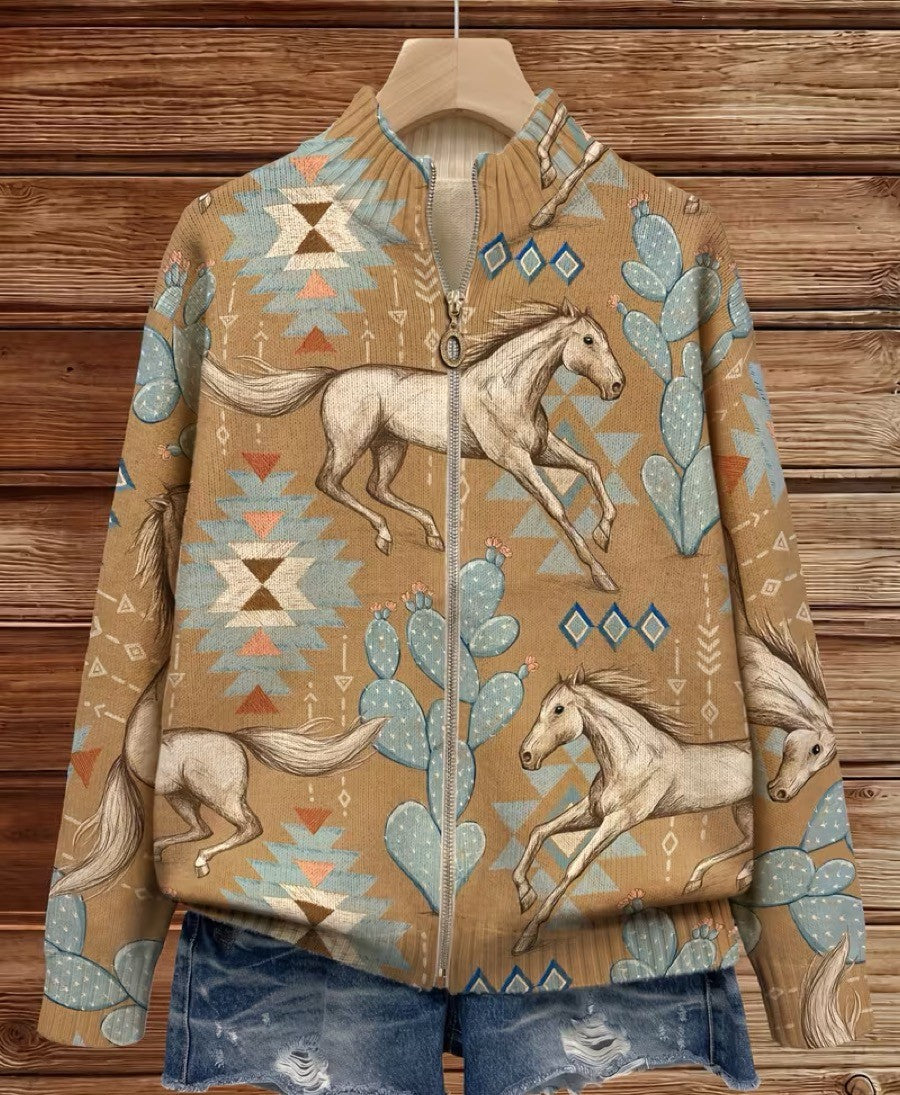 PERPETUA | DESERT HORSE & CACTUS ZIP-UP CARDIGAN