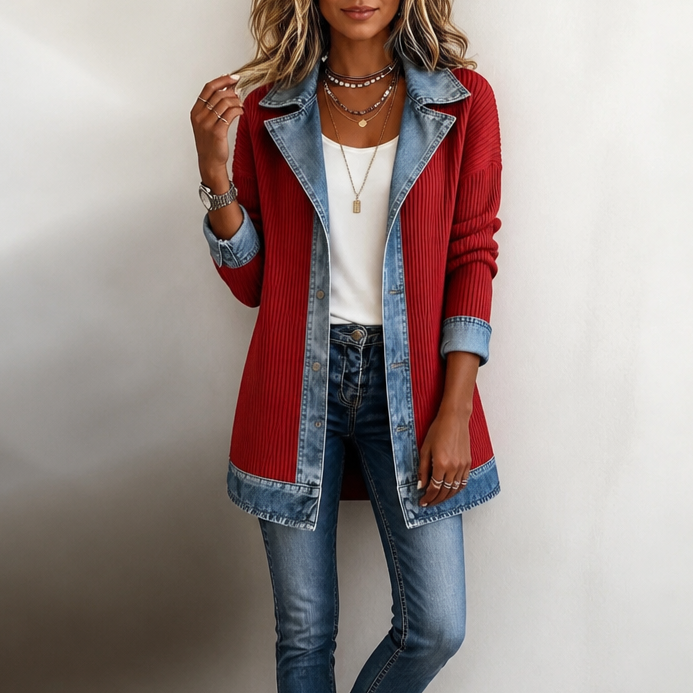 RIBOVA | RIBBED KNIT COAT WITH DENIM DETAILING